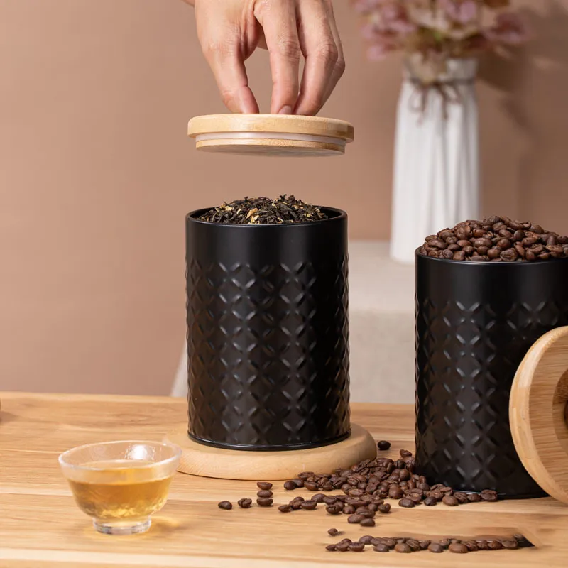 Juegos de botes de metal negro para almacenamiento de az&uacute;car, t&eacute; y caf&eacute;