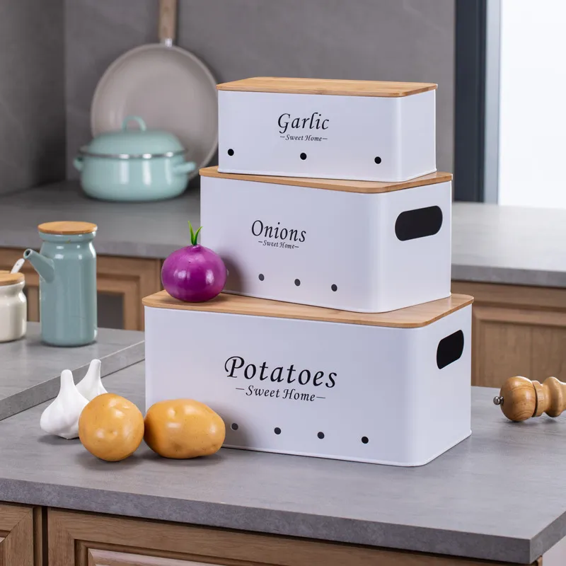 de bamb&uacute; Caja de almacenamiento de metal para patatas, cebolla y ajos, juego de 3 con tapa y asa de bamb&uacute; 