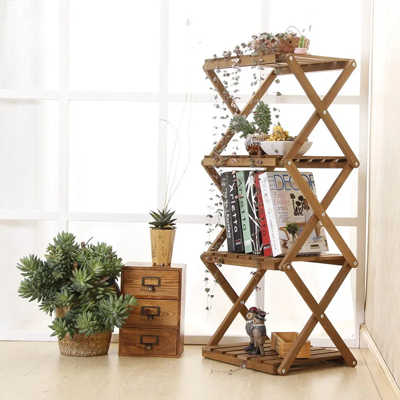 Estante de madera plegable para macetas con soporte para