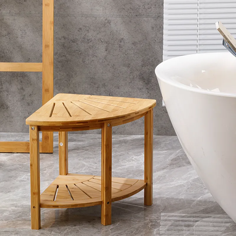 taburete de baño Taburete de almacenamiento de esquina de madera en forma de abanico, taburete de esquina de baño de bambú, taburete de baño