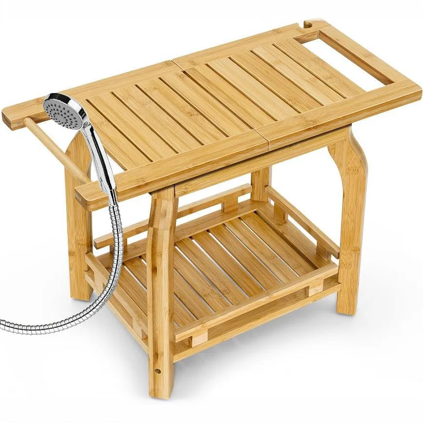 de dos capas, taburete de madera para cambiar zapatos con colgador de toallas Taburete de ducha de ba&ntilde;o de bamb&uacute; multifuncional de dos capas, taburete de madera para cambiar zapatos con colgador de toallas Taburete de ducha 