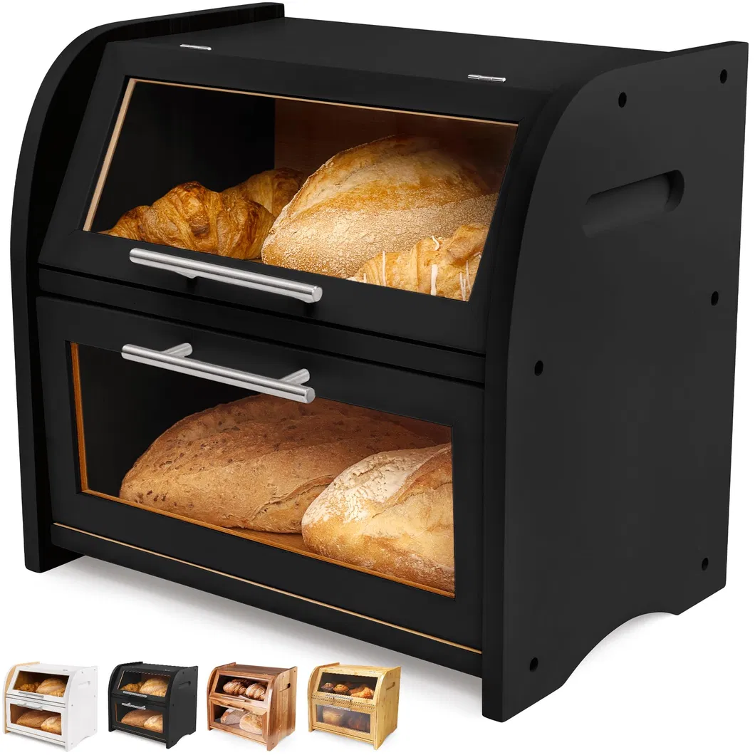 Caja de almacenamiento de pan doble grande de bamb&uacute; con tabla de cortar para cocina 