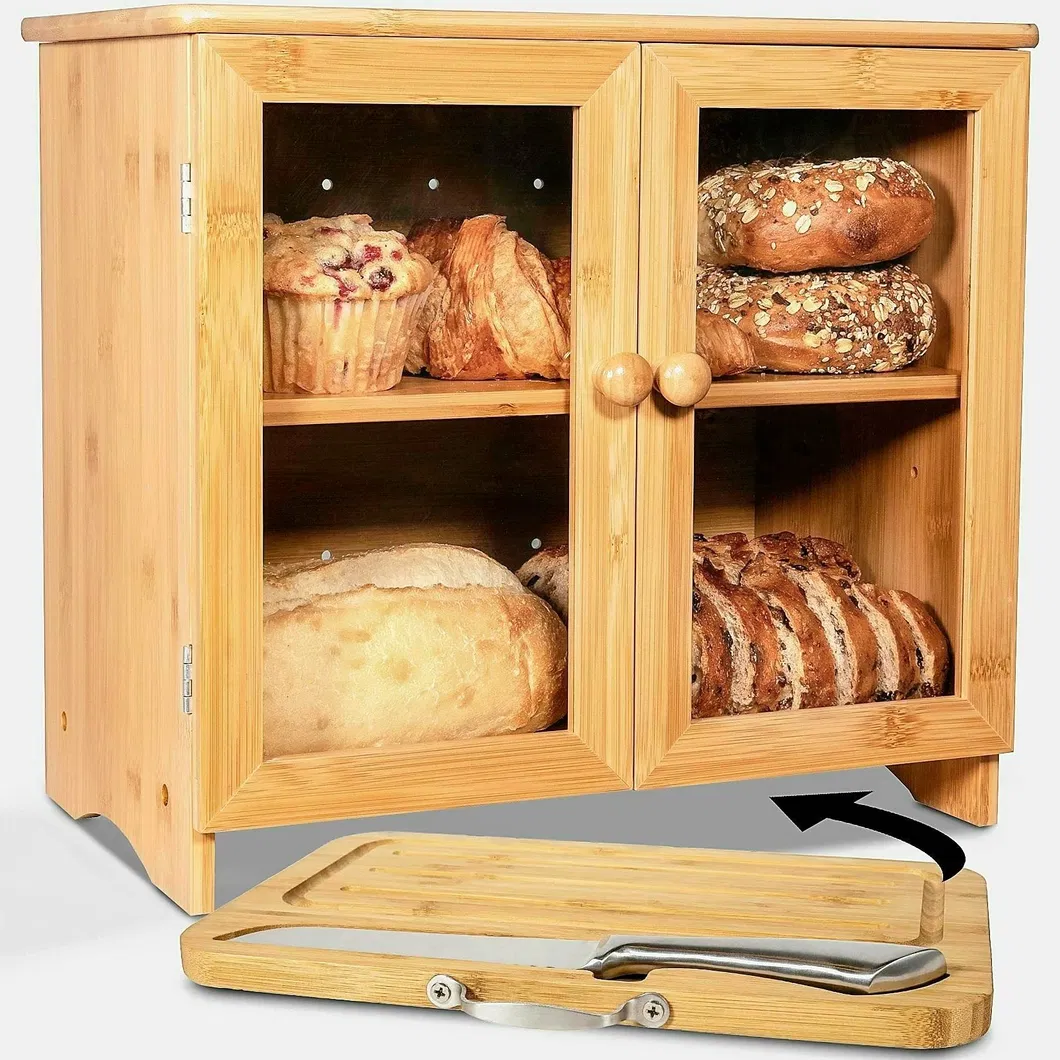 Caja de pan multifuncional de bamb&uacute; de 2 capas con tabla de cortar para encimera de cocina y panader&iacute;a 