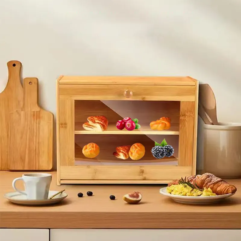 Contenedor de almacenamiento de caja de pan de bamb&uacute; de doble capa con ventanas transparentes para encimera de cocina 