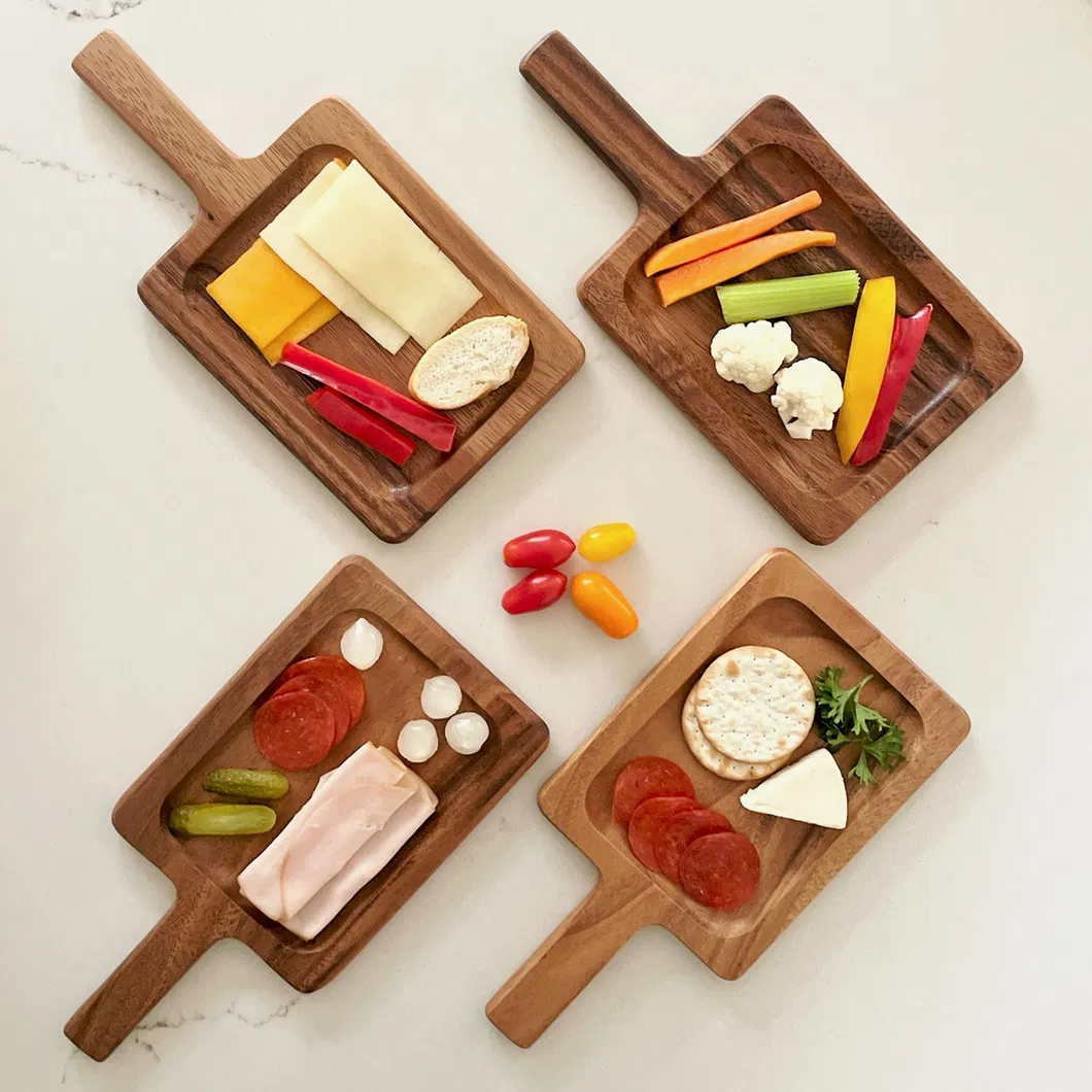 Tablero para servir de madera de acacia grabado con l&aacute;ser Bandeja para servir personalizada con asas 