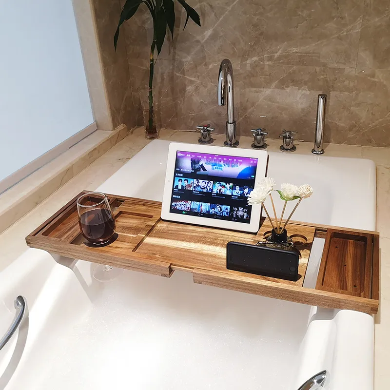 Bandeja extensible de lujo para ba&ntilde;era de madera de acacia con soporte para vino y soporte para libros 
