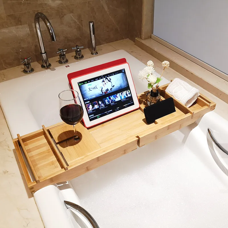 Mesa extensible de bamb&uacute; con bandeja para ba&ntilde;era con patas plegables 