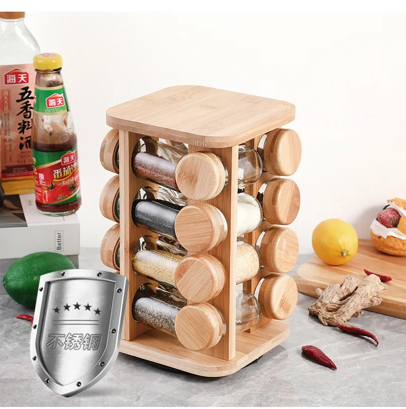 frascos con botella de especias de vidrio Estante de condimentos de bamb&uacute; giratorio de 4 capas y 16 frascos con botella de vidrio para especias Estante de condimentos de 