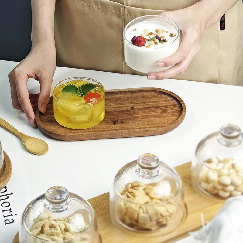 Bandeja de madera de acacia con cuenco de cristal para postres pudin snacks 