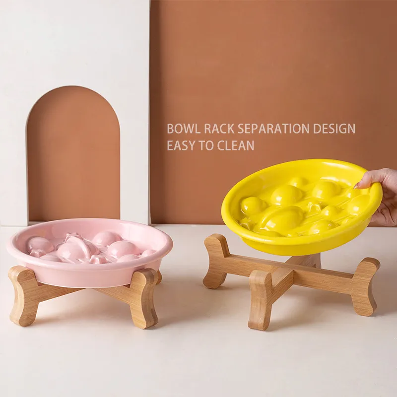 Platos de cer&aacute;mica para comida de mascotas, antiasfixia y de alimentaci&oacute;n lenta, taz&oacute;n de comida para perros y gatos con soporte de bamb&uacute; 