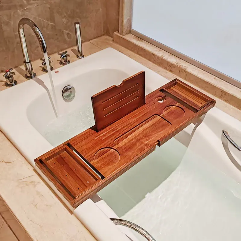 para ba&ntilde;era Organizador de ducha de madera de teca ajustable, estante de ba&ntilde;o expandible Bandeja Caddy para ba&ntilde;era 