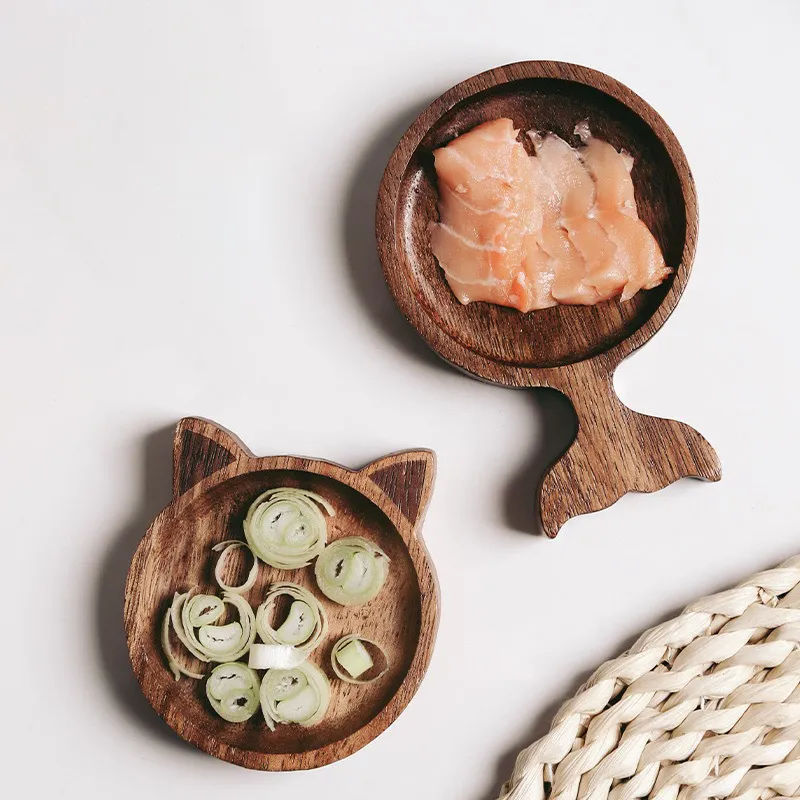Bandeja/platos para servir de madera de acacia con forma de animal para salsa, refrigerio y sushi.