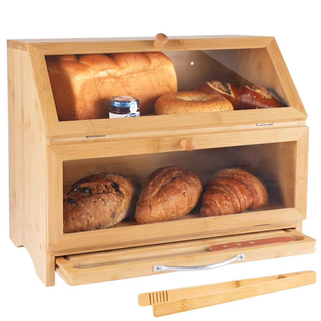 Contenedor de almacenamiento de pan y alimentos de gran capacidad de 2 niveles, caja de pan para mostrador de cocina 