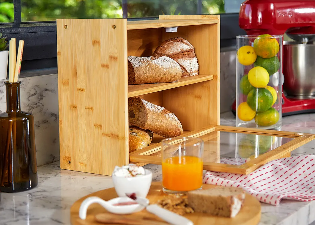 Caja rectangular transparente para almacenaje de pan y reposter&iacute;a de bamb&uacute; para snacks 