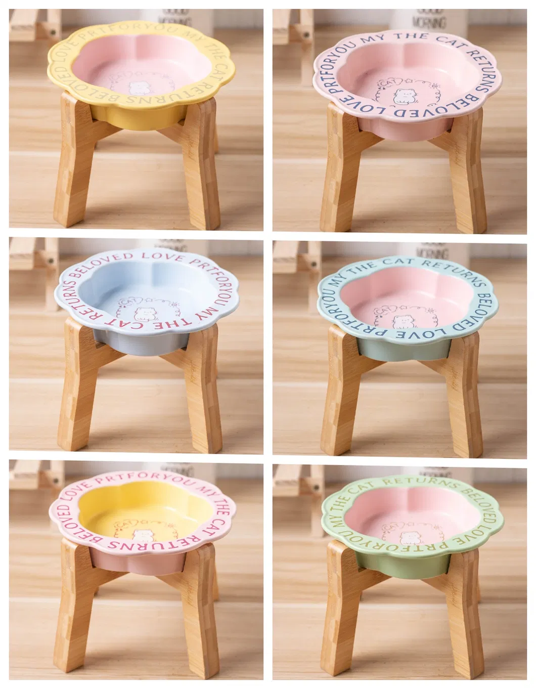 Flor - Cuenco de cerámica para gatos con borde, cuenco para comida para perros, cuenco de alimentación con estante alto de madera