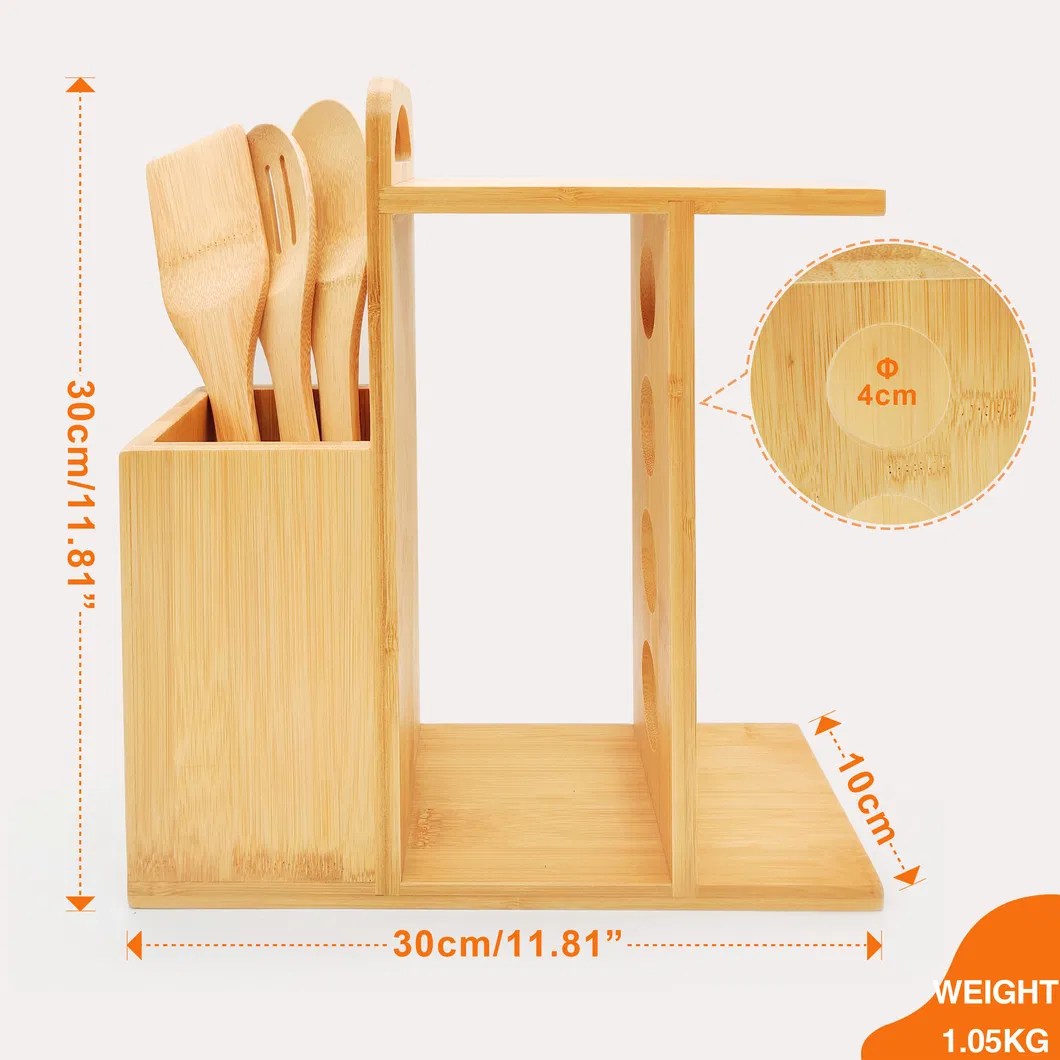 Organizador de cubiertos de bamb&uacute;, soporte para utensilios con estante para especias y juego de utensilios de 3 piezas 