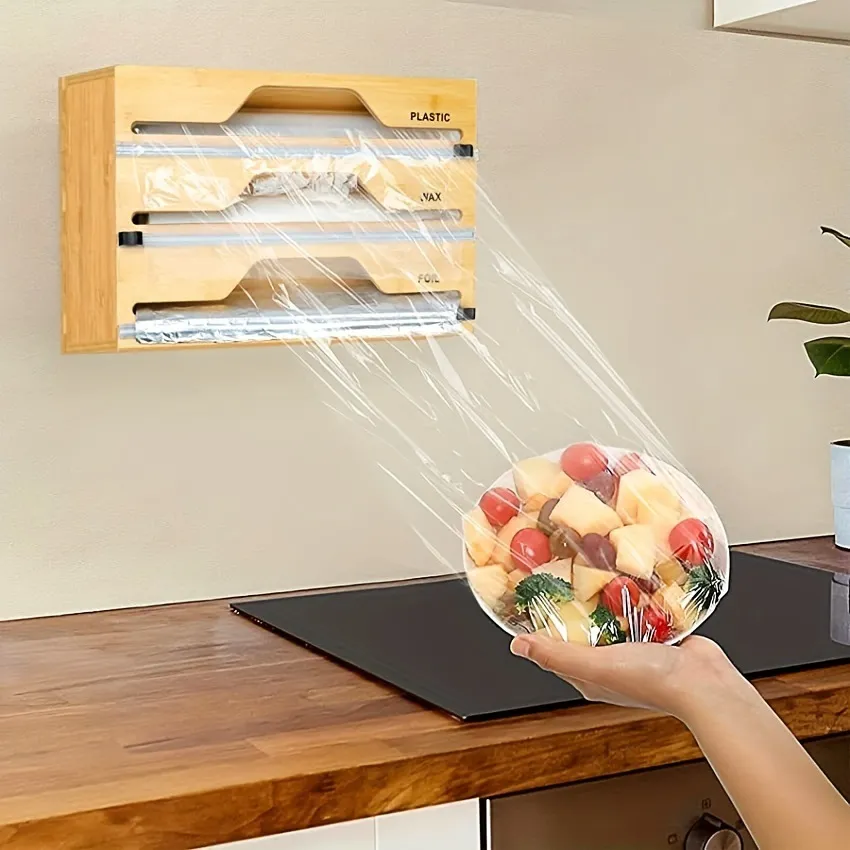 Caja de almacenamiento y cortador de envoltorios para alimentos de bamb&uacute; y madera 
