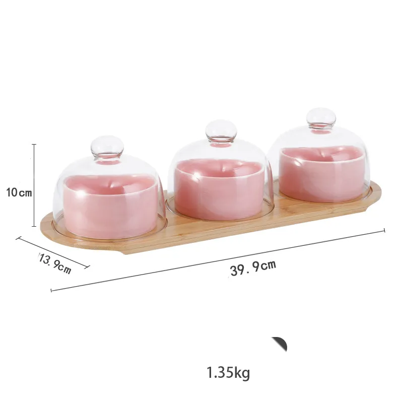 Tazón de servicio más vendido con bandeja de madera y tapa de vidrio tipo cúpula para refrigerios de frutas Tazón de postre de cerámica