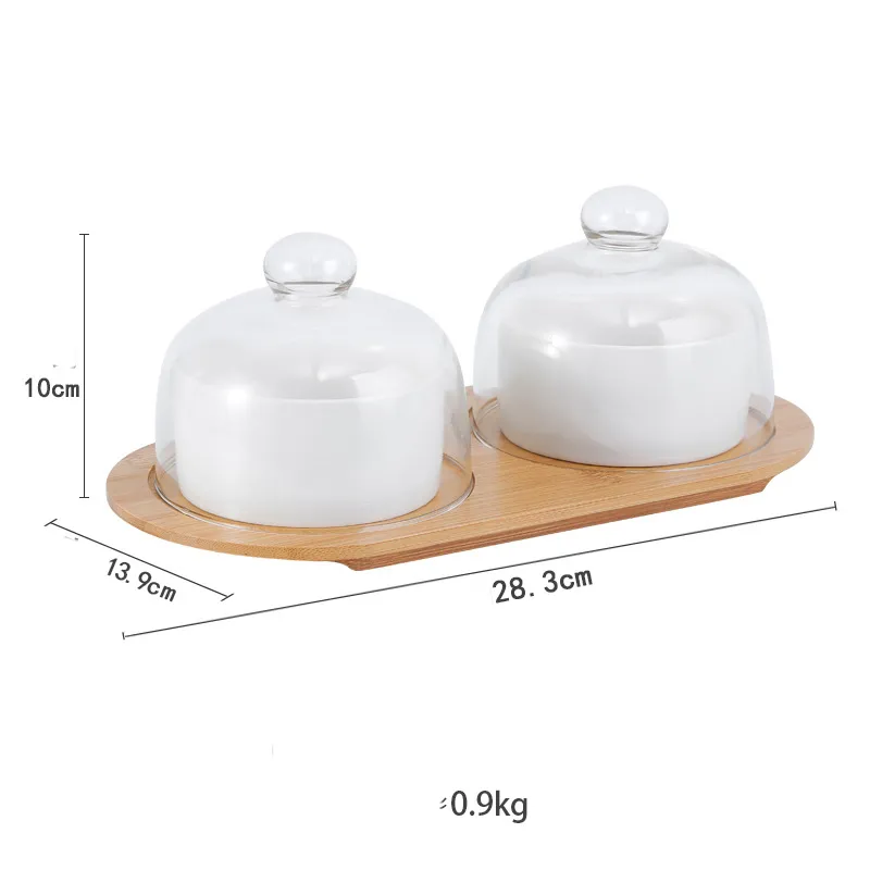 Fuente de bamb&uacute; con tapas de vidrio y tazones de cer&aacute;mica para refrigerios, dulces, frutas y nueces