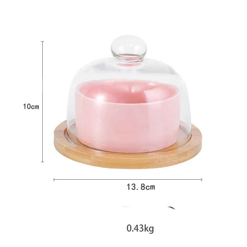 Mini soporte redondo para pasteles de madera de bambú con cúpula de vidrio y cuencos de cerámica para pasteles y platos de queso