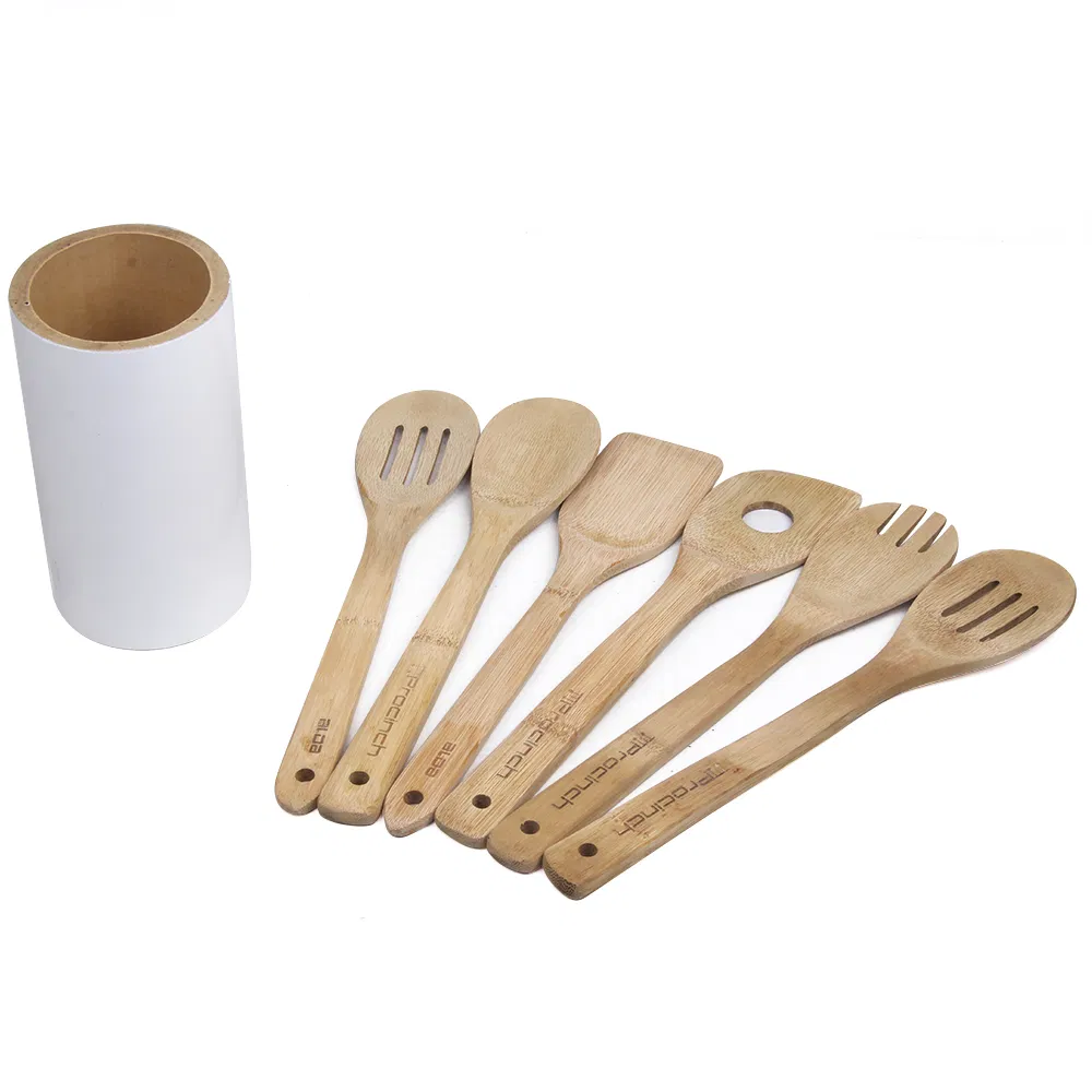 Juego de utensilios de cocina de madera de bamb&uacute; ecol&oacute;gico con soporte redondo 