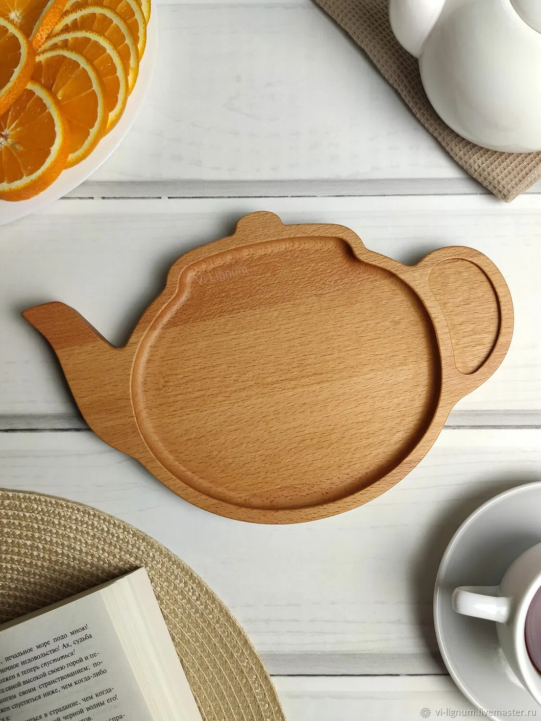 de postre para snacks de madera de haya con forma de tetera