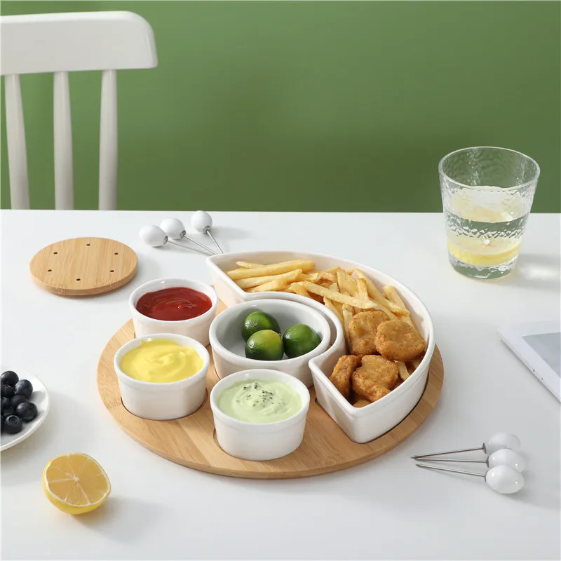 Homegating con tazones para condimentos y bandejas para servir de cer&aacute;mica Juego para servir aperitivos de bamb&uacute; Homegating con tazones para condimentos y bandejas de cer&aacute;mica para servir 