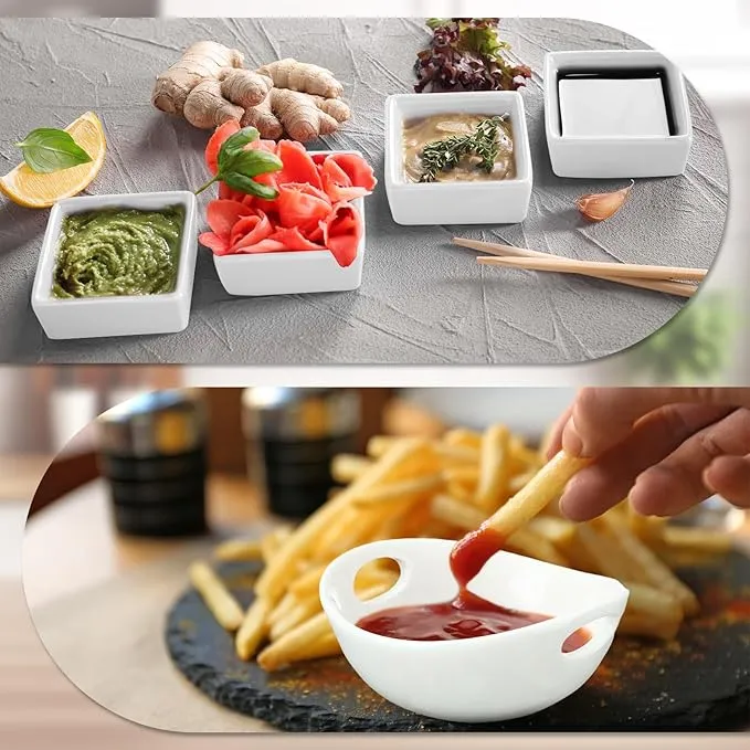 Bandeja de madera de acacia con 3 cuencos de cer&aacute;mica y platos para salsa cuadrados