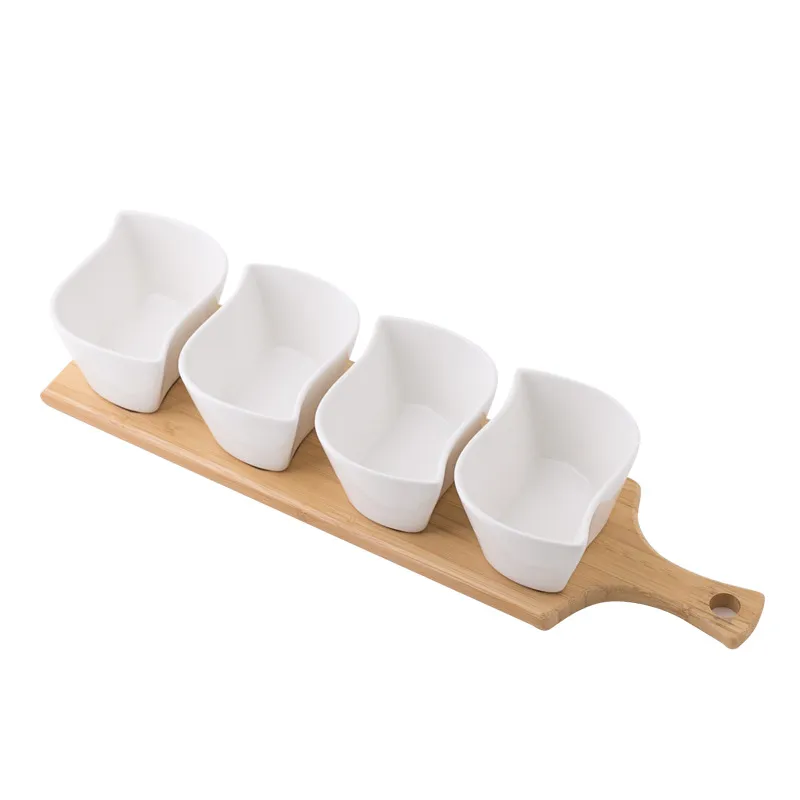 Bandeja de madera de bamb&uacute;, bandeja para servir aperitivos y postres, condimentos de frutas, con 3 cuencos de cer&aacute;mica blanca.