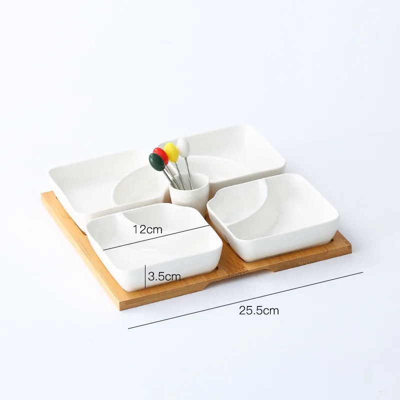 Plato de fruta de cer&aacute;mica multirejilla con bandeja de madera de bamb&uacute; para vajilla del hogar