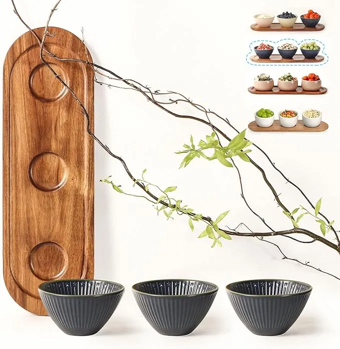 Bandeja de madera de acacia con 3 tazones de cerámica de diferentes colores para servir para el juego Chip y DIP