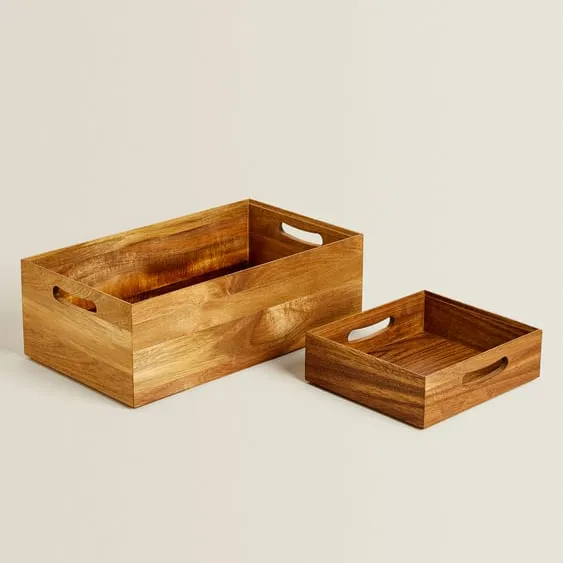 Caja de almacenamiento de madera de acacia, juego de 2 con asa