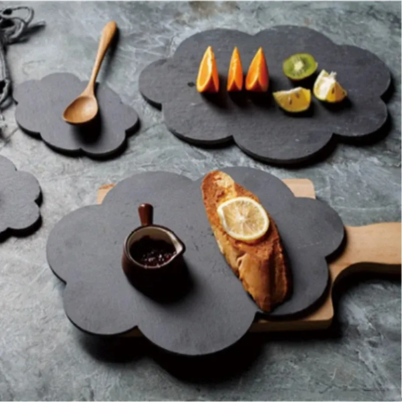 Tabla para servir/bandeja/plato de pizarra negra con forma hexagonal con mango de metal 