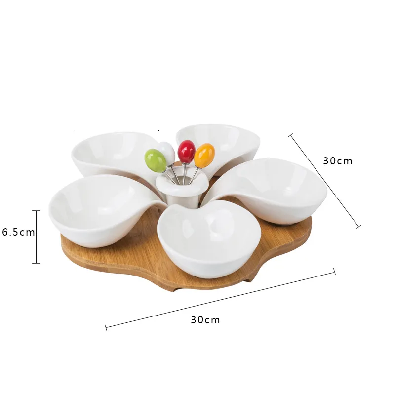 Ensaladera de cer&aacute;mica de 5 rejillas y plato para salsa con bandeja de bamb&uacute; para servir el t&eacute; de la tarde, Frutas, Postres y Nueces