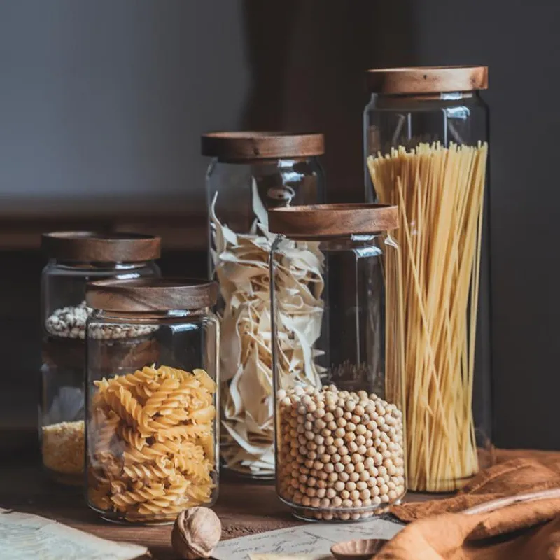 Frascos de vidrio con tapa de madera Contenedores de almacenamiento de alimentos 