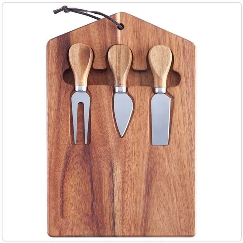 Juego de tabla para quesos de madera de acacia hecha a mano con tenedor, cuchillos y correas de 