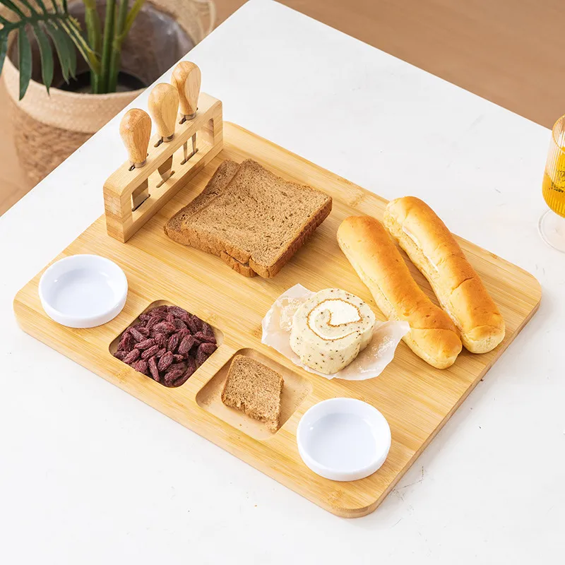 Tabla rectangular de bamb&uacute; para embutidos, tabla de quesos con juego de 2 cuchillos 