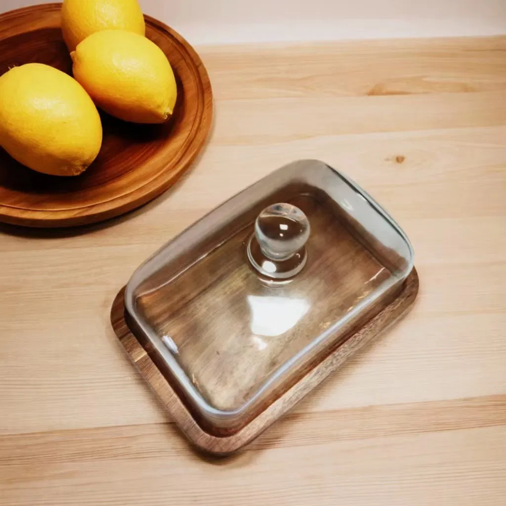 Soporte rectangular de madera de acacia pequeño para pastel con cúpula de vidrio para uso doméstico