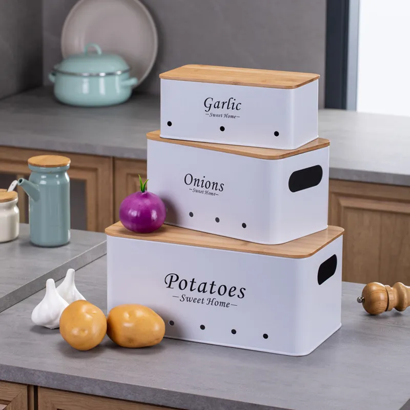 Caja de almacenamiento de metal para patatas, cebolla y ajos, juego de 3 con tapa y asa de bamb&uacute;