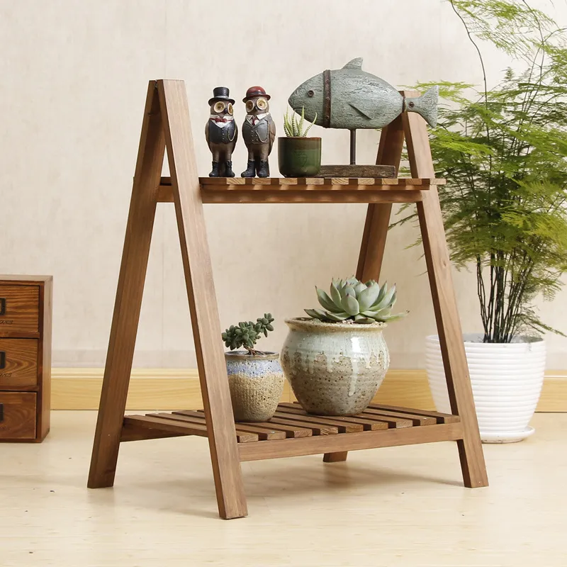 Exhibici&oacute;n de madera de la maceta del jard&iacute;n del soporte de la planta de madera del dise&ntilde;o de la escalera plegable de 2 niveles 