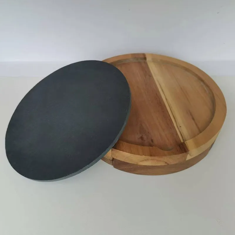 Tablas redondas para charcutería giratorias y compactas de madera de acacia, tabla para quesos de pizarra con juego de cuchillos