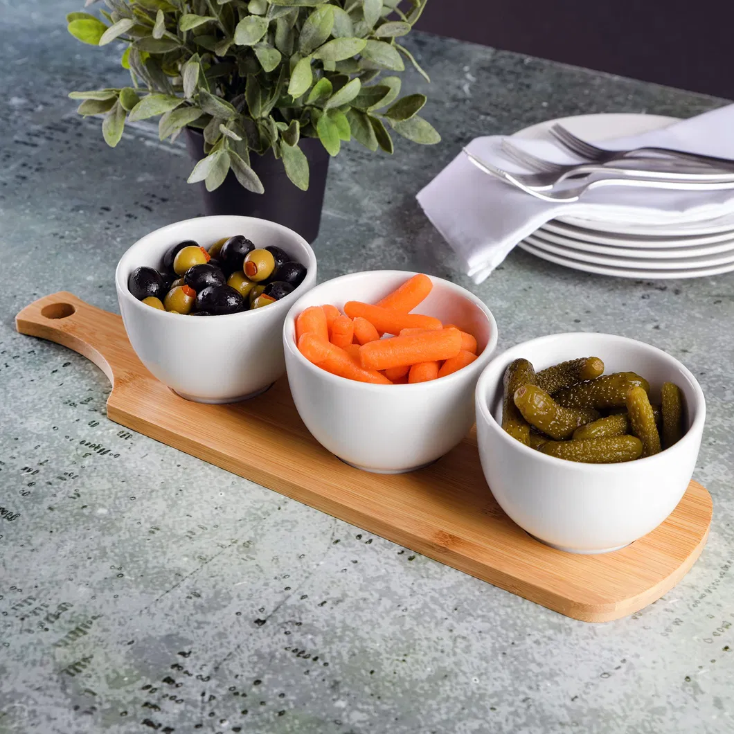 Elegante juego de cuencos Tidbit blancos de 3 piezas con bandeja para servir de bamb&uacute; 