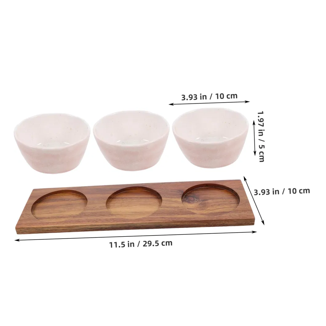 Elegante juego de cuencos de cer&aacute;mica para servir snacks con bandeja de madera para frutas, snacks y postres 