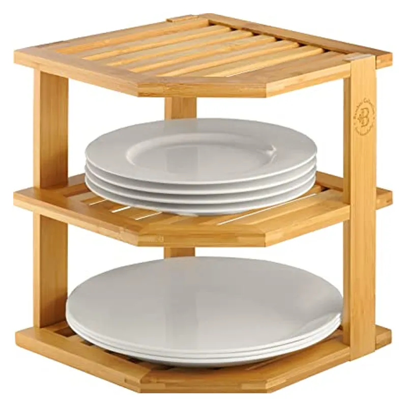 Estante esquinero de cocina de bamb&uacute;, organizador, estante esquinero para gabinete con 3 capas para platos/platos/tazones. 