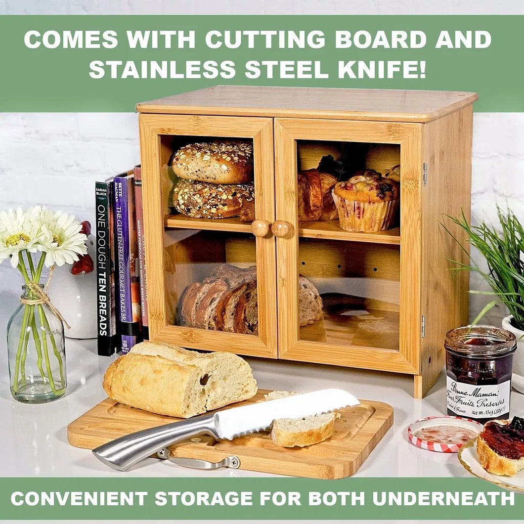 Caja de pan multifuncional de bamb&uacute; de 2 capas con tabla de cortar para encimera de cocina y panader&iacute;a Caja 