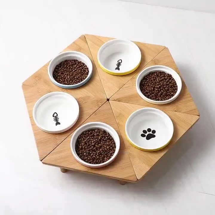 antiderrames con soporte de bamb&uacute; para perros y gatos Taz&oacute;n de comida para mascotas de cer&aacute;mica antiderrames con soporte de bamb&uacute; para perros y gatos 