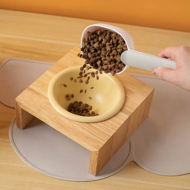 Pet Supply Cuencos de cerámica para perros y gatos con soporte de bambú