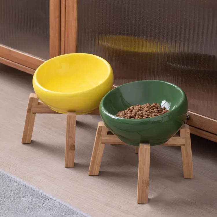 Cuencos de agua de cer&aacute;mica creativos para mascotas, cuenco de comida con base de bamb&uacute; resistente 