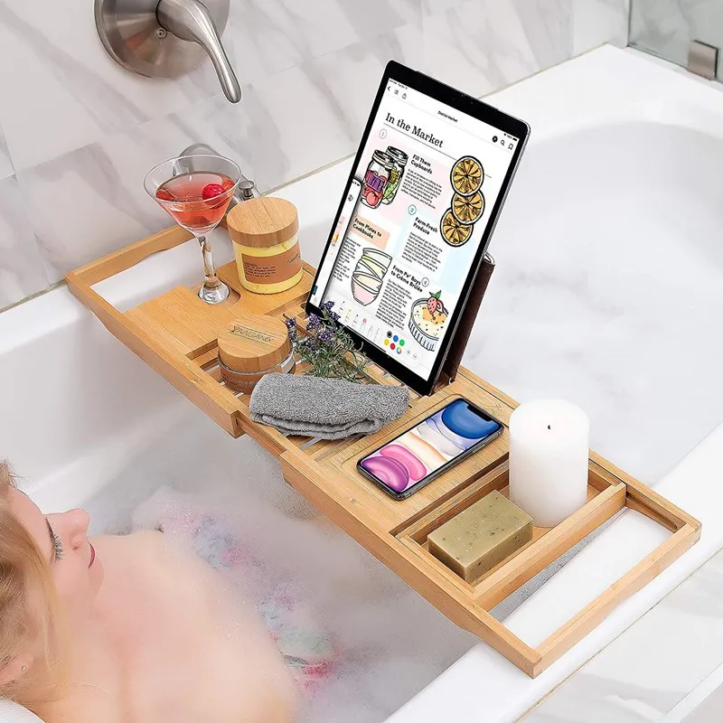 Estante de bambú para bañera, libro de vino, tableta, teléfono. Jabonera.