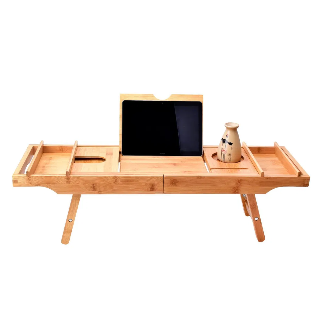 Mesa extensible de bamb&uacute; con bandeja para ba&ntilde;era con patas plegables